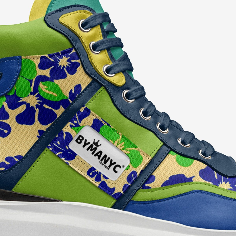 Unisex vegan high top sneakers by BYMANYC New York, close view of the printed upper.