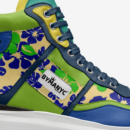 Unisex vegan high top sneakers by BYMANYC New York, close view of the printed upper.