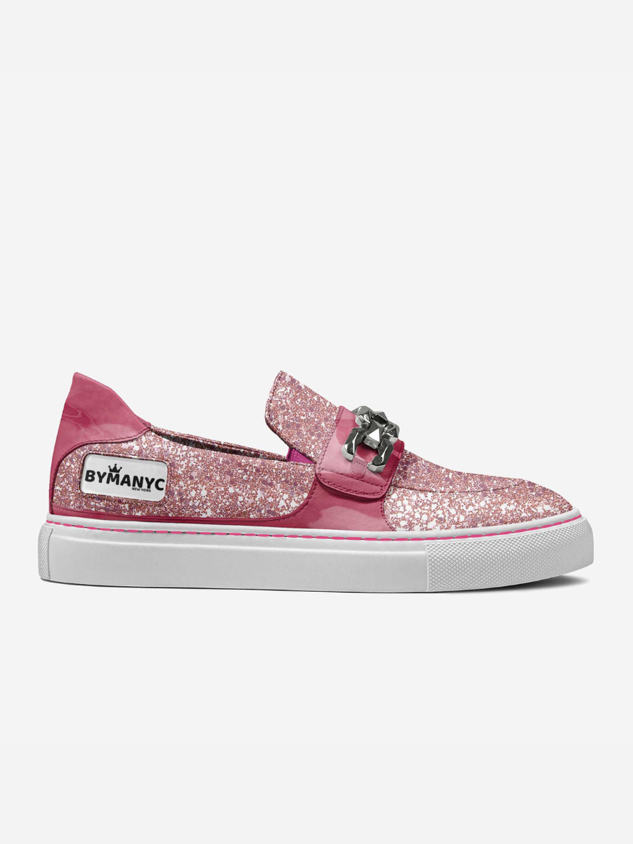 Low-profile vegan sneakers by BYMANYC New York in a printed pink upper, side view.