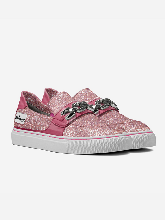 Low-profile vegan sneakers by BYMANYC New York, angled view of the printed pink upper.