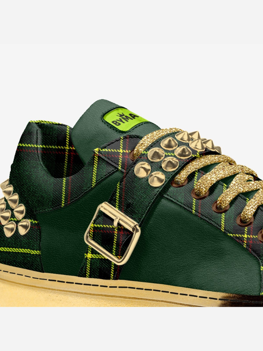 Green and black vegan sneakers by BYMANYC New York, close view of the two-tone upper.