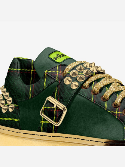 Green and black vegan sneakers by BYMANYC New York, close view of the two-tone upper.