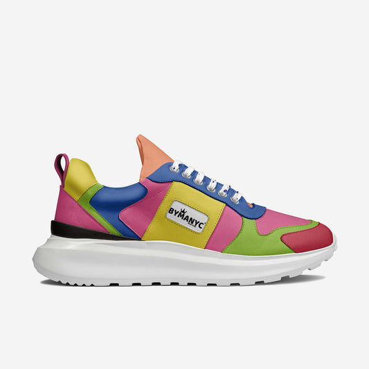 Multicolor vegan sport sneaker by BYMANYC New York in pink, blue, yellow and green on a white foamed sole.