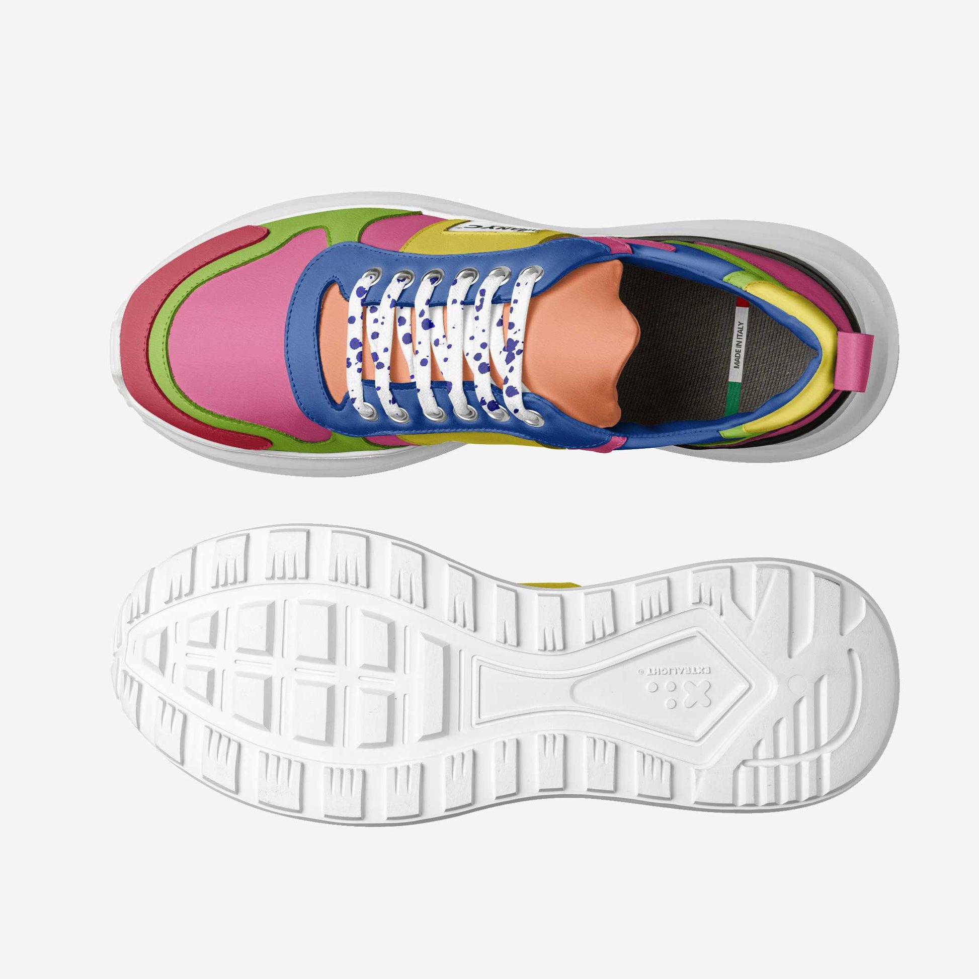 Vegan sport sneaker by BYMANYC in pink, blue, yellow, green and orange panels on a white foamed sole.