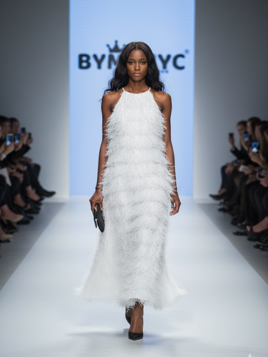 White fringe evening gown by BYMANYC New York, long dress with horizontal fringe rows.