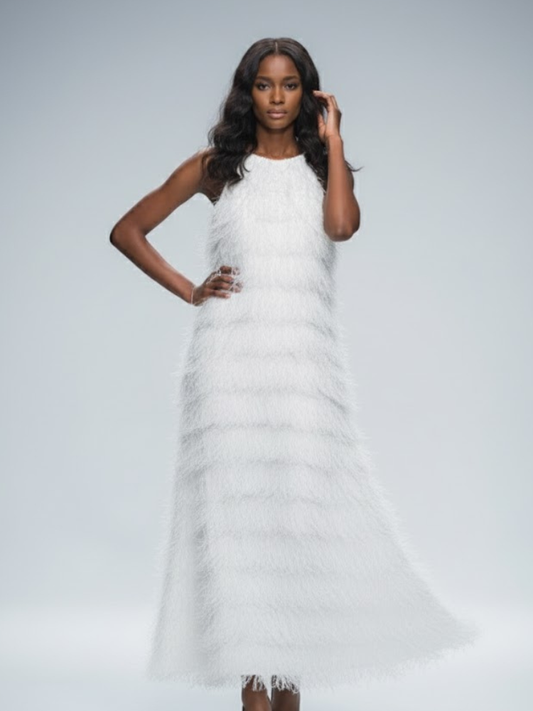 White fringe evening gown by BYMANYC New York, long dress with fringe detail.