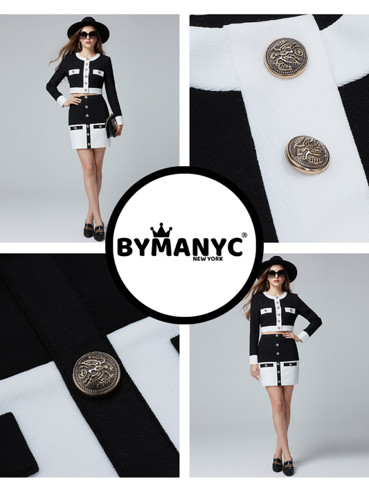 Women's colorblock skirt and jacket set by BYMANYC New York, shown on a model.