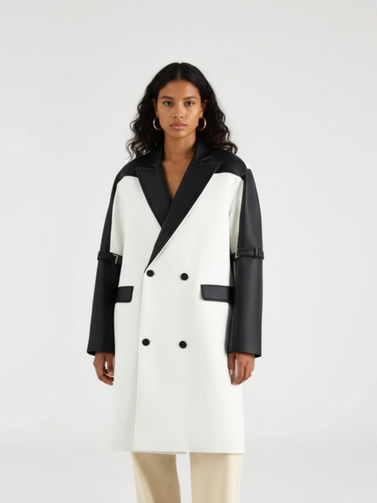 Women's faux leather color-splicing trench coat by BYMANYC New York.
