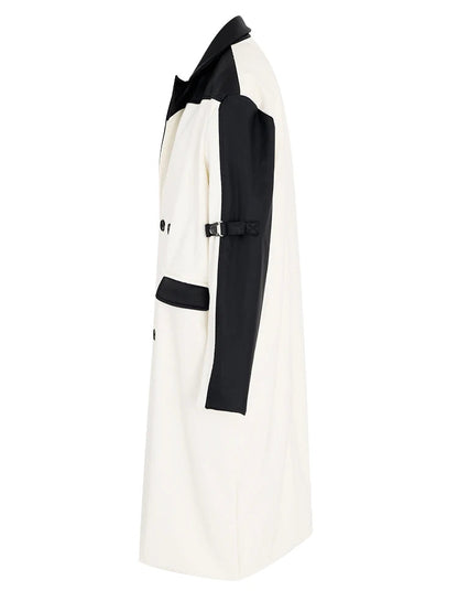 Women's faux leather color-splicing trench coat by BYMANYC New York, shown full length.