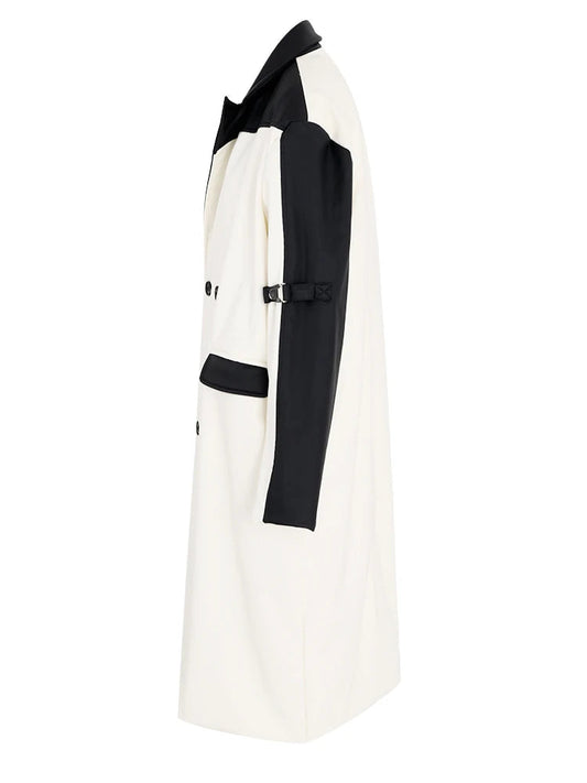 Women's faux leather color-splicing trench coat by BYMANYC New York, shown full length.