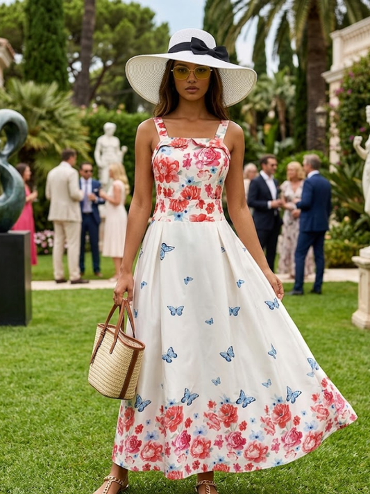 Women's floral maxi dress by BYMANYC New York with a scalloped bust edge and a rose print.