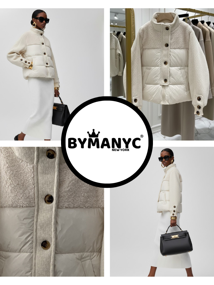 Women's longline asymmetric coat by BYMANYC New York with an off-center front, shown on a model.