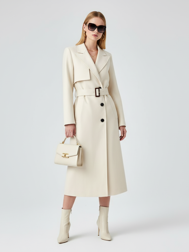 Women’s cream maxi trench coat from BYMANYC New York, shown hanging in an urban retail setting.