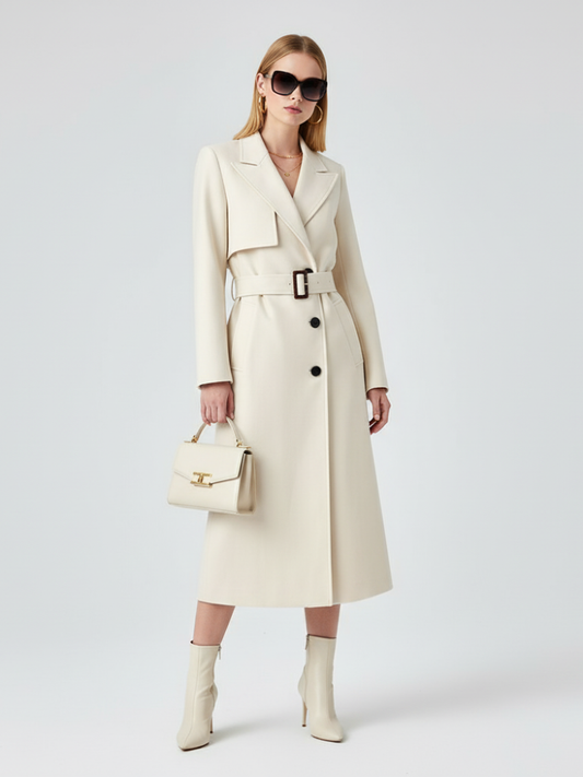 Women’s cream maxi trench coat from BYMANYC New York, shown hanging in an urban retail setting.