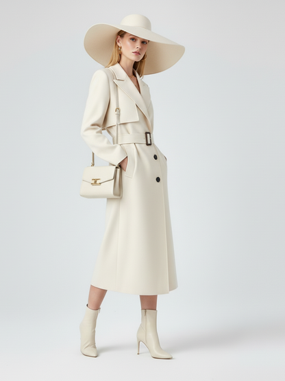 Cream maxi trench coat by BYMANYC New York, shown belted and full length on a model.