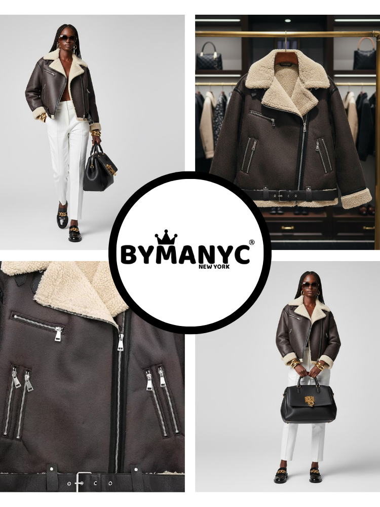 Women's oversize jacket in metallic silver gray by BYMANYC New York, shown on a model.