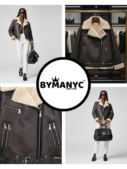 Women's oversize jacket in metallic silver gray by BYMANYC New York, shown on a model.
