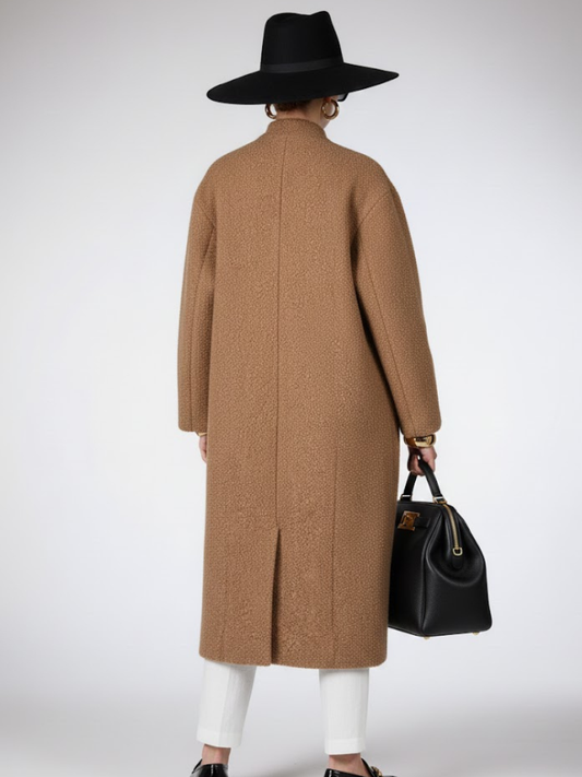 Women's oversize longline jacket in camel by BYMANYC New York, shown full length.