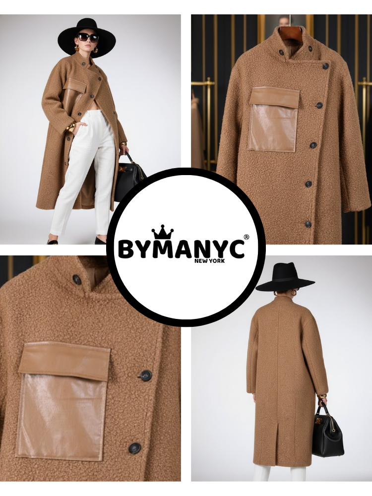 Women's oversize longline jacket in camel by BYMANYC New York, second view on a model.