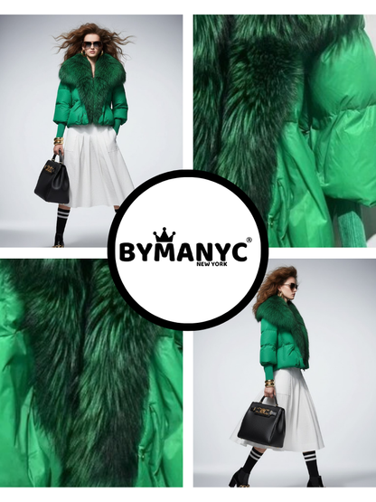 Women's oversize short jacket in bright green by BYMANYC New York, cropped at the hip.