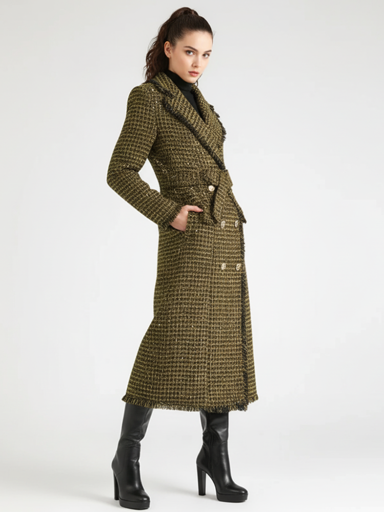 Women's plaid trench coat in golden olive by BYMANYC New York with a frayed hem.
