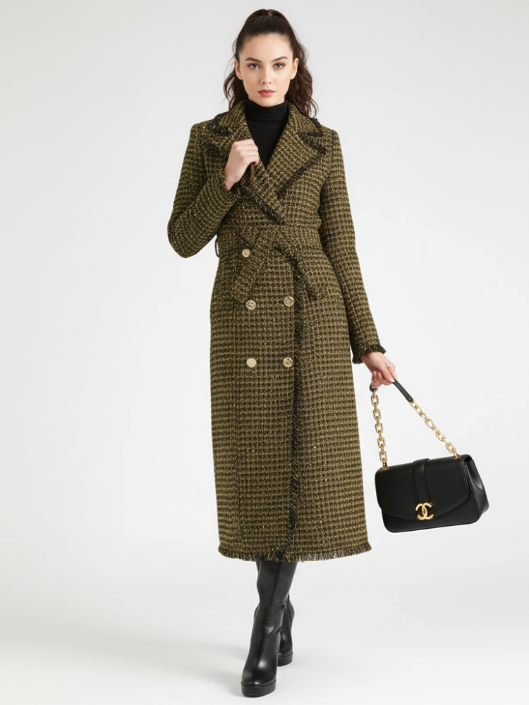 Women's golden olive plaid trench coat by BYMANYC New York, close view of the frayed hem.