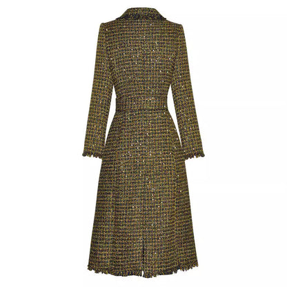 Women's golden olive plaid trench coat by BYMANYC New York, shown full length on a model.