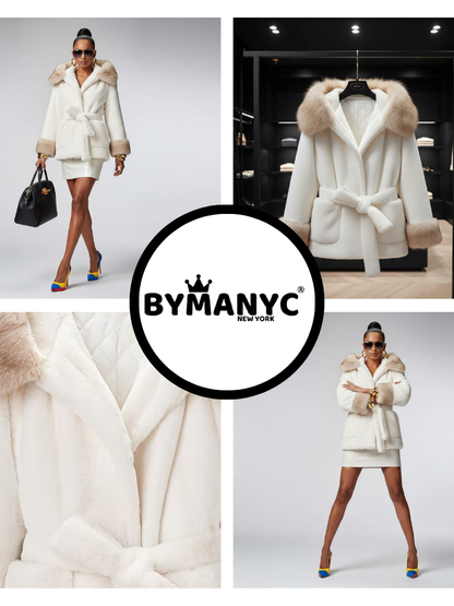 Women's white short asymmetric jacket by BYMANYC New York, shown on a model.