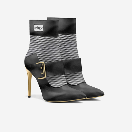 Women's stiletto bootie in vegan leather with gold mesh by BYMANYC New York, side view.