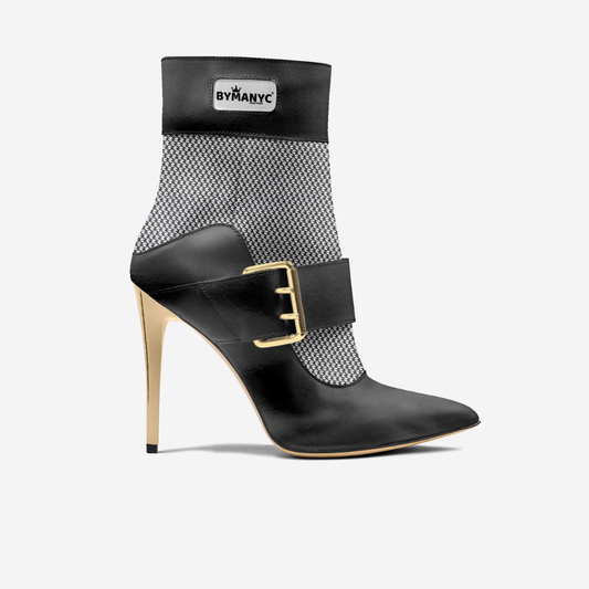 Women's stiletto bootie by BYMANYC New York, angled view showing the gold mesh panel.