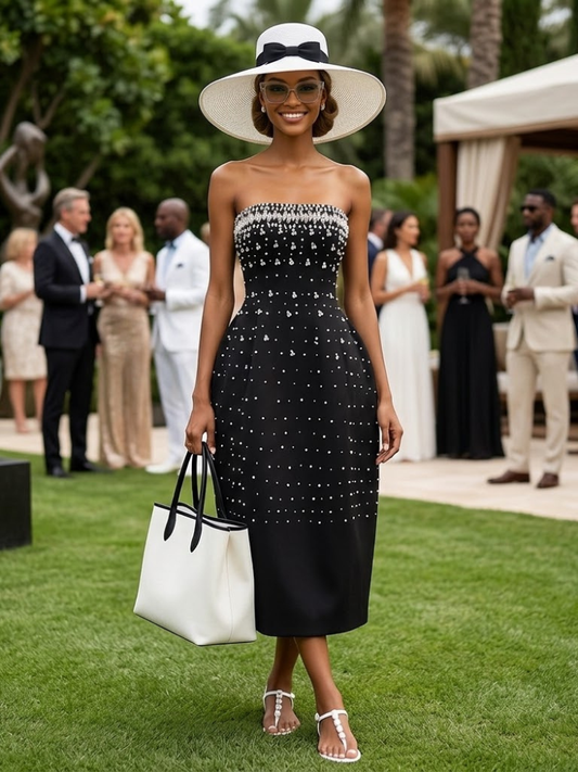 Women's strapless embellished midi dress in black by BYMANYC New York, front view.