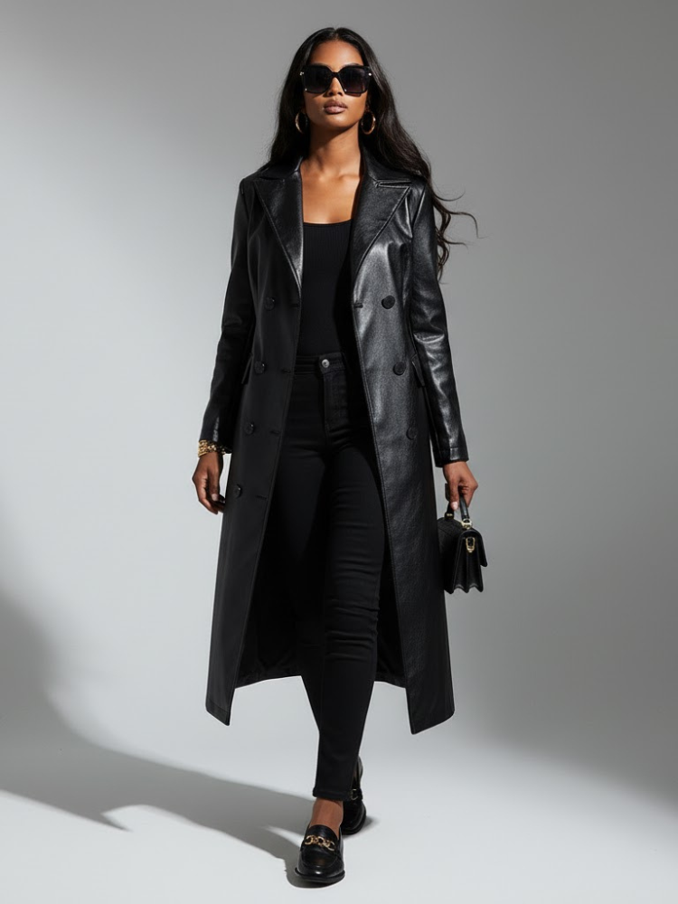 Women's black vegan leather maxi trench coat by BYMANYC New York, double-breasted and full length.