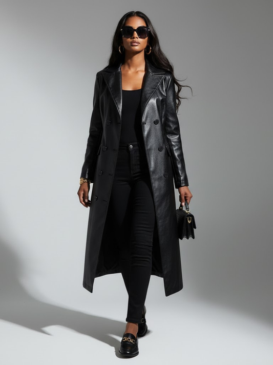 Women's black vegan leather maxi trench coat by BYMANYC New York, double-breasted and full length.