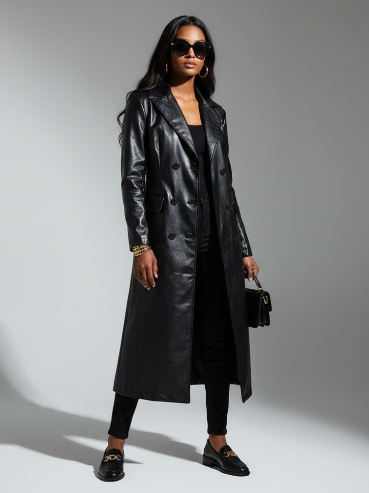 Women’s black vegan leather maxi trench coat by BYMANYC New York, shown hanging with belt and long sleeves.