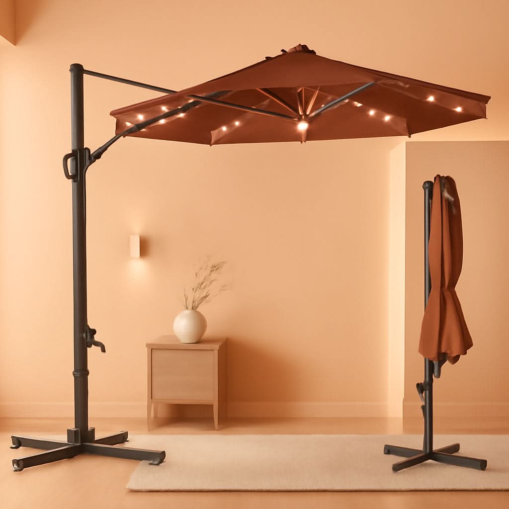 10Ft Solar LED Cantilever Patio Umbrella With 360 Degree Rotation And Integrated Lights-0
