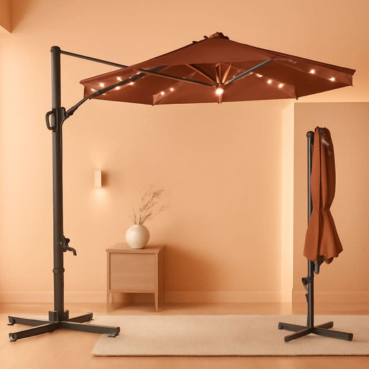 10Ft Solar LED Cantilever Patio Umbrella With 360 Degree Rotation And Integrated Lights-0