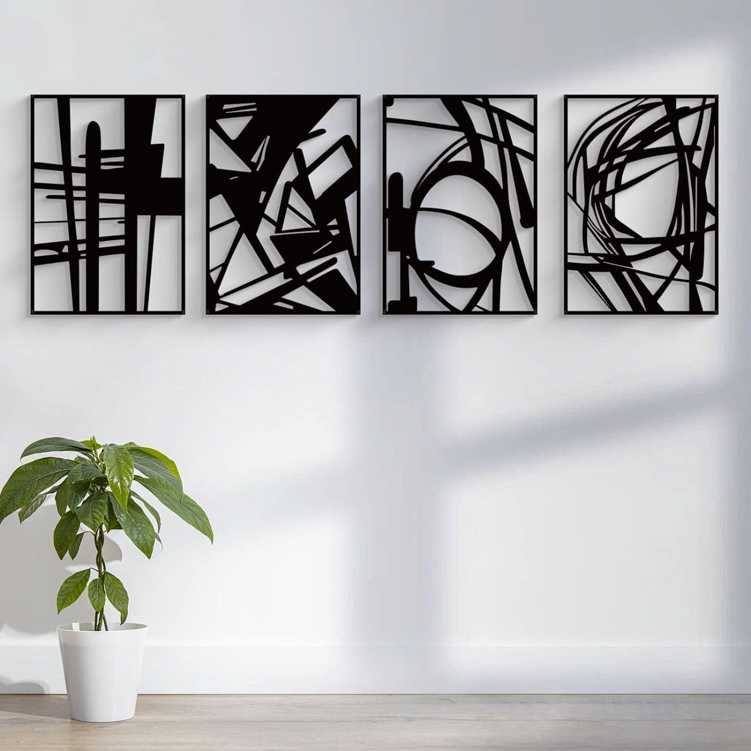 Black Abstract Metal Wall Art 4 Pack Minimalist 3D-3