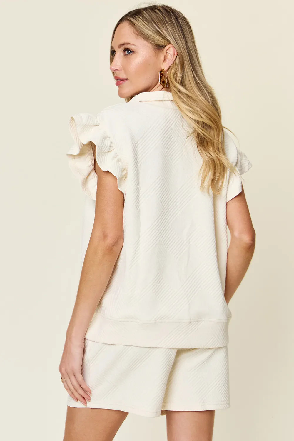 Double Take Full Size Texture Flounce Sleeve Top and Drawstring Shorts Set-3