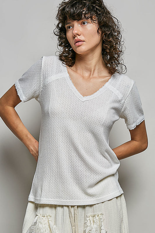 POL Lace Detail V-Neck Short Sleeve Textured T-Shirt-0
