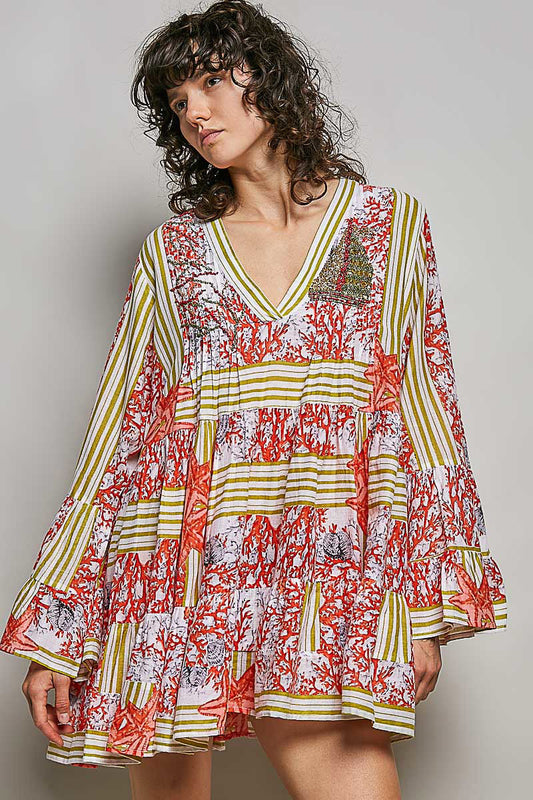 POL Striped Floral Long Sleeve Mini Dress with Pintuck Detail-0