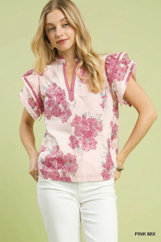 Umgee Mix Floral Ruffle Sleeve Blouse-0