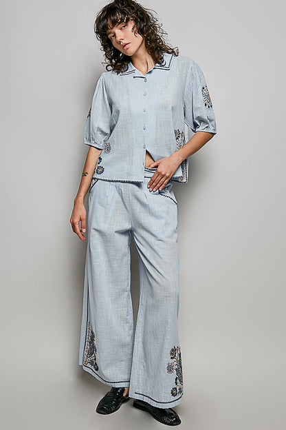POL Button Down Embroidered Floral Short Sleeve Shirt-4