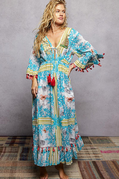 POL Bohemian Print Tassel Trim Maxi Dress-0