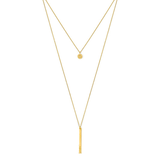 Layered bar necklace on white, a short chain with a round charm above a long chain with a bar