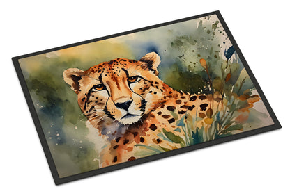 Cheetah portrait artwork doormat photographed alone at an angle, showing the whole 24 by 36 inch printed felt surface.