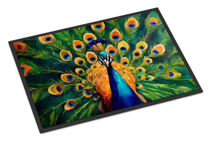Fanned peacock artwork doormat photographed alone at an angle, showing the whole 18 by 27 inch printed felt surface.
