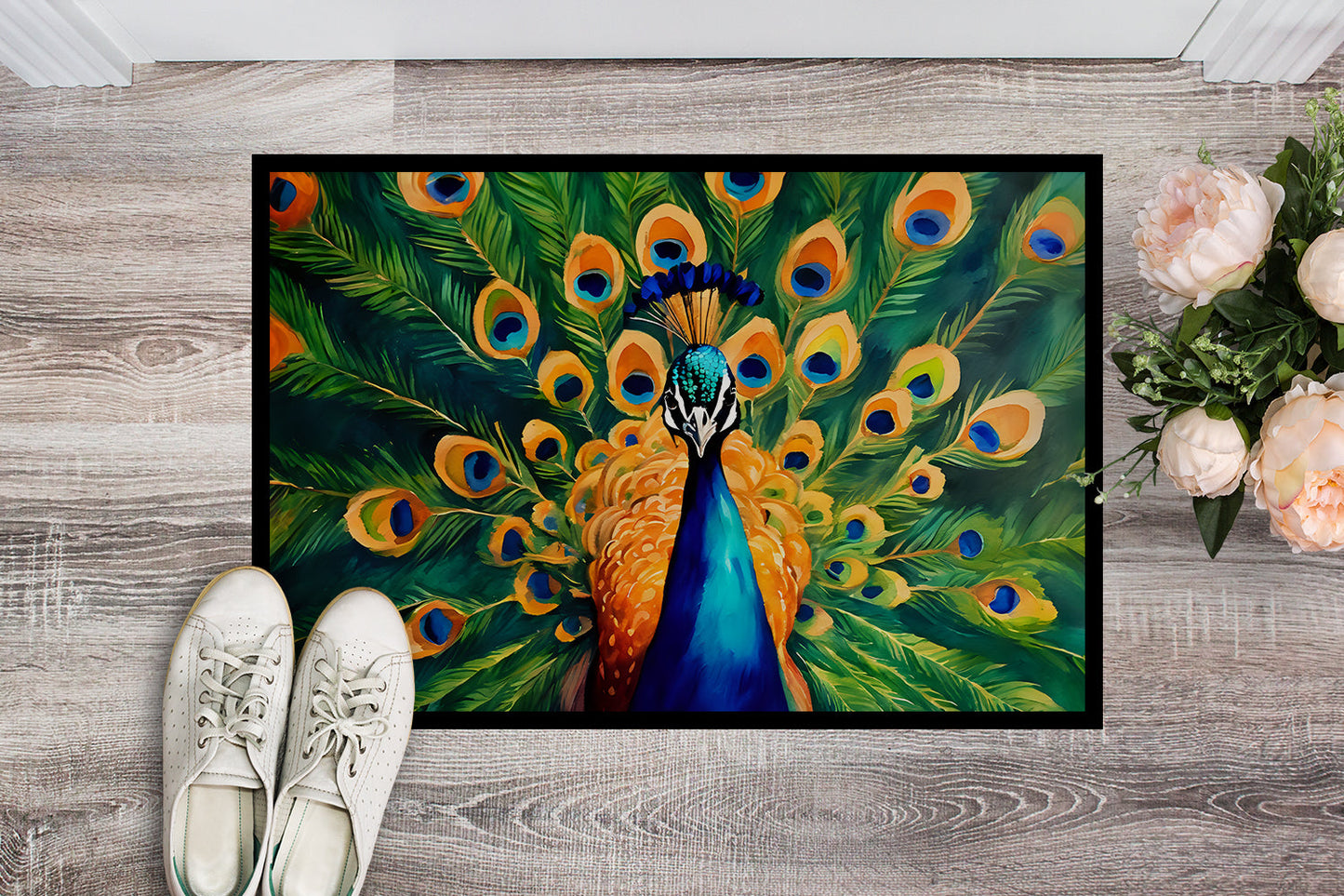 The 18 by 27 inch Fanned peacock artwork doormat seen from above on pale wood boards, a pair of shoes at its edge for scale.