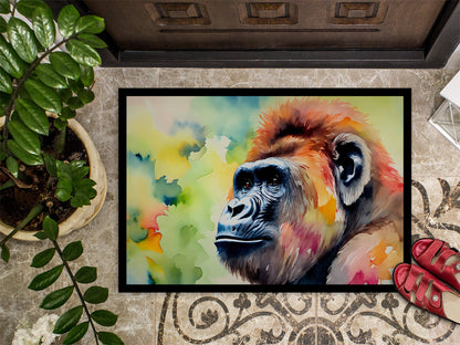 The 18 by 27 inch Gorilla artwork doormat in place at a front door, framed by potted greenery on a patterned step.