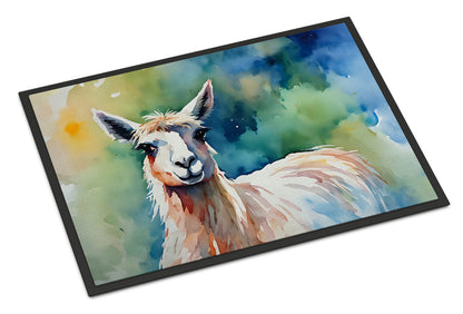 Llama artwork doormat photographed alone at an angle, showing the whole 24 by 36 inch printed felt surface.