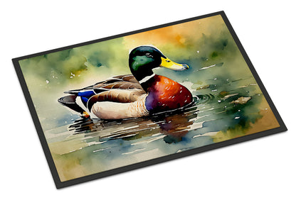 Mallard drake artwork doormat photographed alone at an angle, showing the whole 18 by 27 inch printed felt surface.